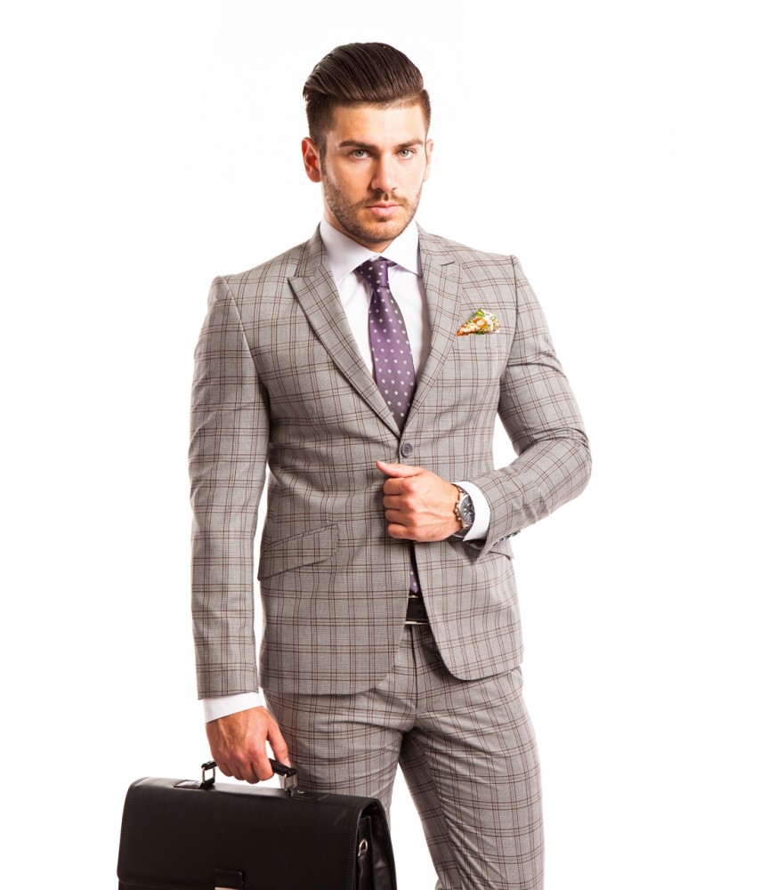 Costum PASCAL gri cu carouri maronii 